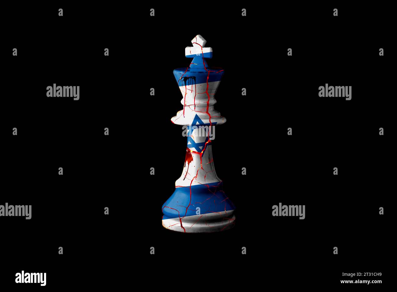Israel flags paint over cracked chess king. 3D illustration. Stock Photo