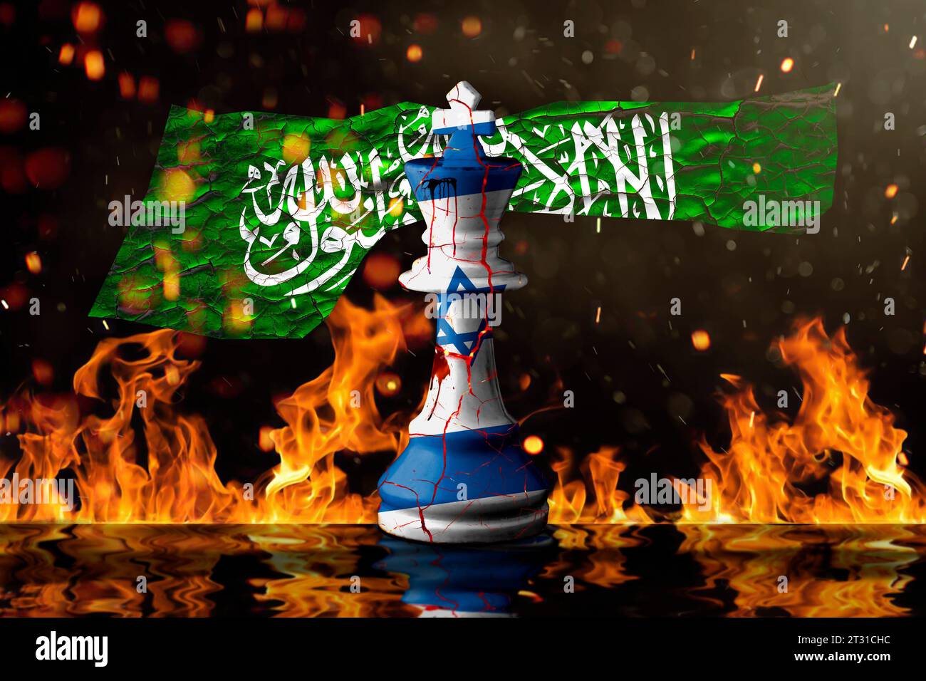 Israel flags paint over cracked chess king. 3D illustration. gaza map in background. Stock Photo