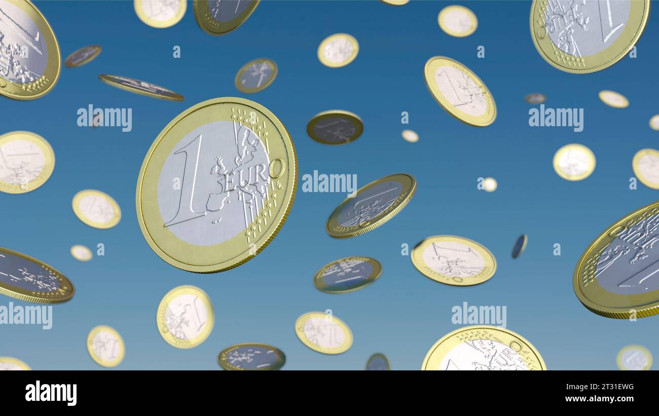 Euro coins fall from the sky Stock Photo