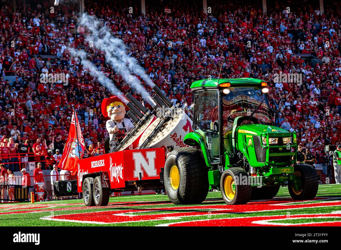 Lincoln, NE. U.S. 21st Oct, 2023. Nebraska mascot Herbie Husker is driven around Tom Osborne Field during a break in the action of a NCAA Division 1 football game between Northwestern Wildcats and the Nebraska Cornhuskers at Memorial Stadium in Lincoln, NE.Nebraska won 17-9.Attendance: 86,769.393rd consecutive sellout.Michael Spomer/Cal Sport Media (Credit Image: © Michael Spomer/Cal Sport Media). Credit: csm/Alamy Live News Stock Photo