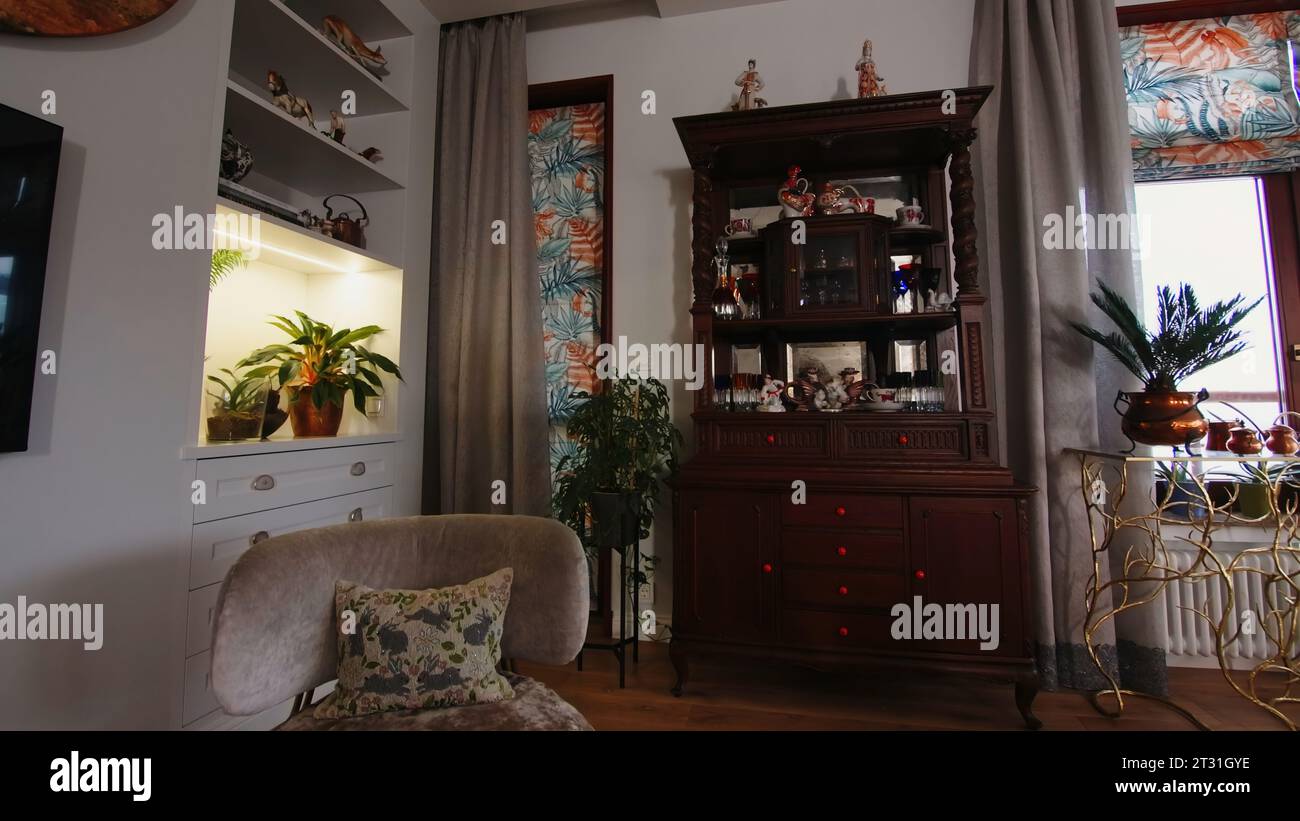 Stylish interior of apartment in vintage style. Creative. Beautiful ...