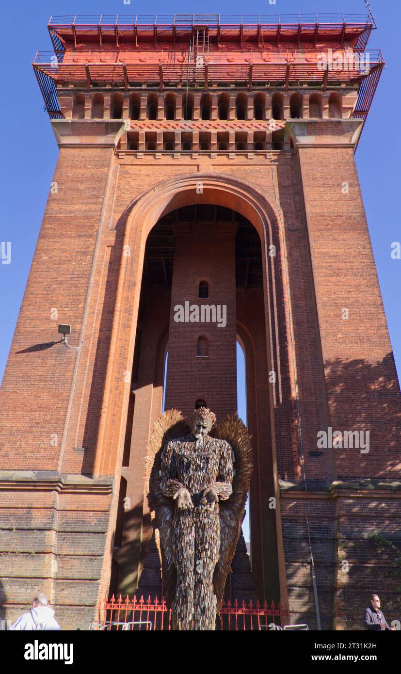 The Knife Angel sculpture created by Alfie Bradley is made from seized blades, on display here at the Jumbo Water Tower in Colchester, Essex. Stock Photo