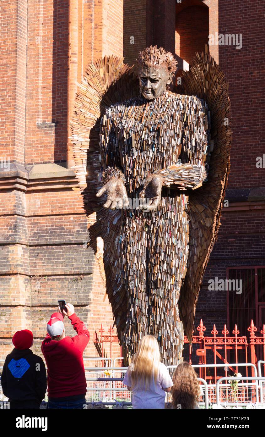 The Knife Angel sculpture created by Alfie Bradley is made from seized blades, on display here at the Jumbo Water Tower in Colchester, Essex. Stock Photo