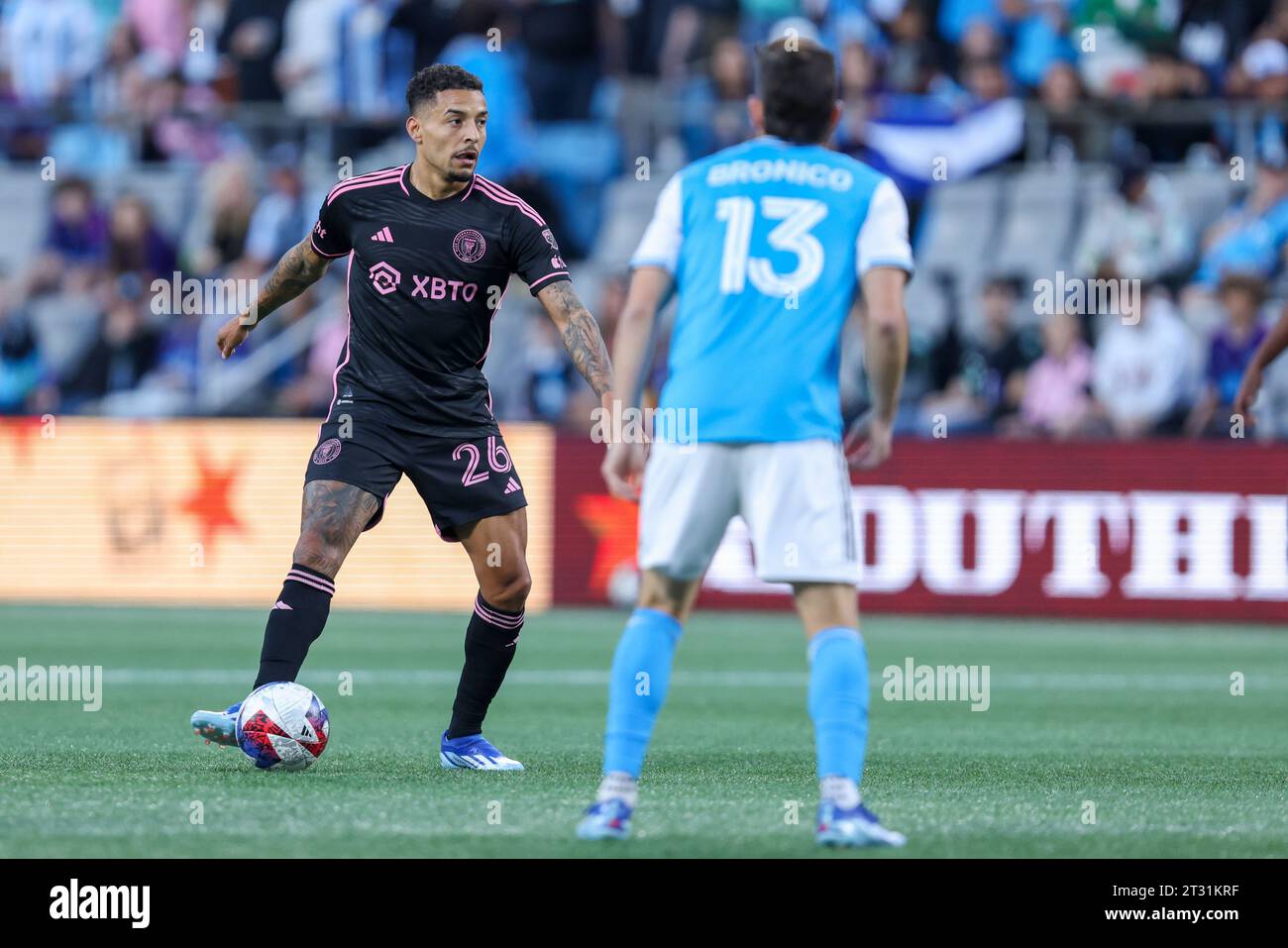 Charlotte, North Carolina, USA. 21st Oct, 2023. Inter Miami midfielder Gregore (26) looks to pass during the MLS soccer match between Inter Miami CF and Charlotte FC at Bank of America Stadium in Charlotte, North Carolina. Greg Atkins/CSM/Alamy Live News Stock Photo