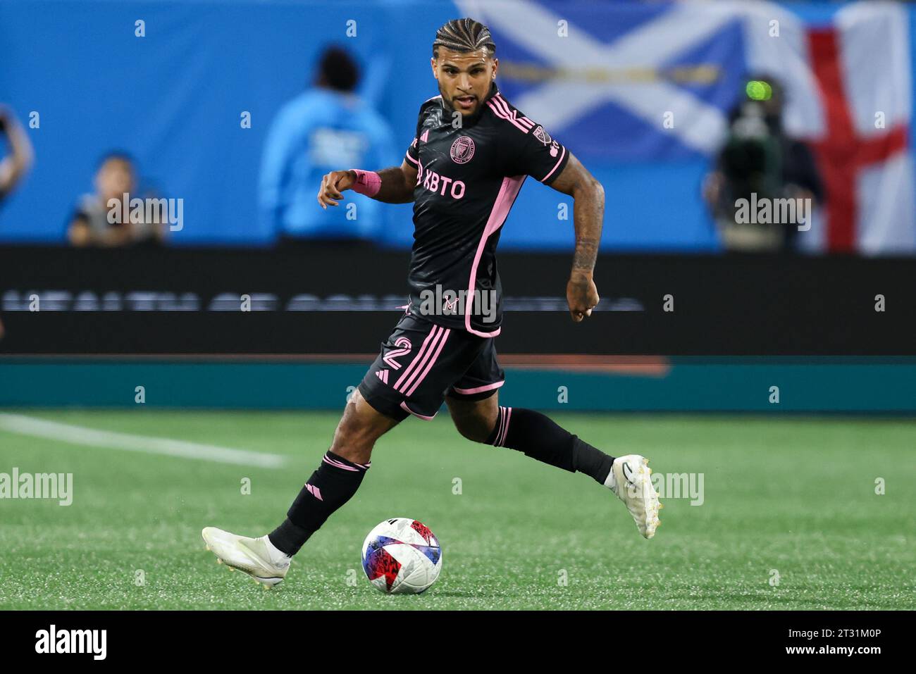 Charlotte, North Carolina, USA. 21st Oct, 2023. Inter Miami defender DeAndre Yedlin (2) controls the ball during the MLS soccer match between Inter Miami CF and Charlotte FC at Bank of America Stadium in Charlotte, North Carolina. Greg Atkins/CSM (Credit Image: © Greg Atkins/Cal Sport Media). Credit: csm/Alamy Live News Stock Photo