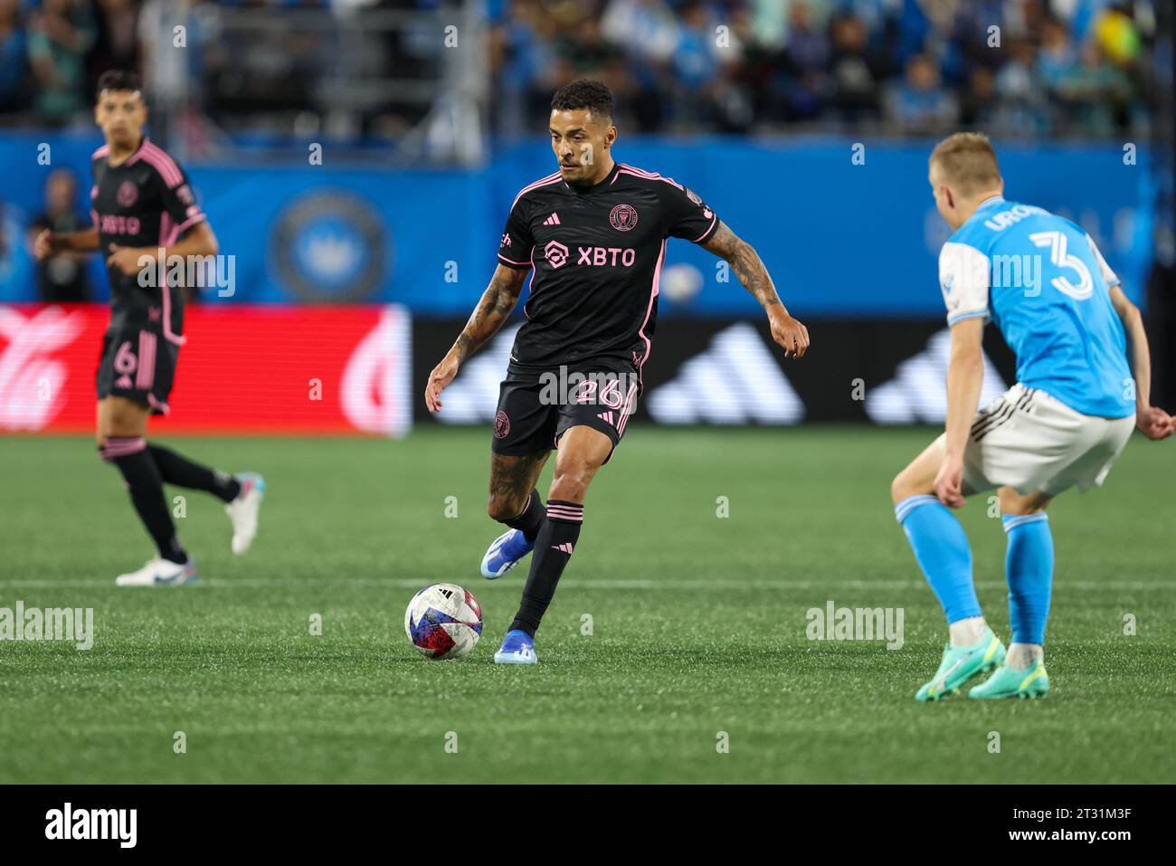 Charlotte, North Carolina, USA. 21st Oct, 2023. Inter Miami midfielder Gregore (26) passes the ball during the MLS soccer match between Inter Miami CF and Charlotte FC at Bank of America Stadium in Charlotte, North Carolina. Greg Atkins/CSM/Alamy Live News Stock Photo