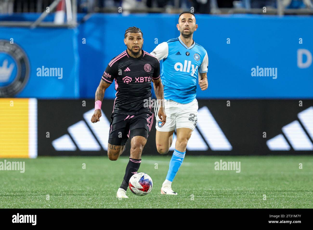 Charlotte, North Carolina, USA. 21st Oct, 2023. Inter Miami defender DeAndre Yedlin (2) controls the ball during the MLS soccer match between Inter Miami CF and Charlotte FC at Bank of America Stadium in Charlotte, North Carolina. Greg Atkins/CSM (Credit Image: © Greg Atkins/Cal Sport Media). Credit: csm/Alamy Live News Stock Photo