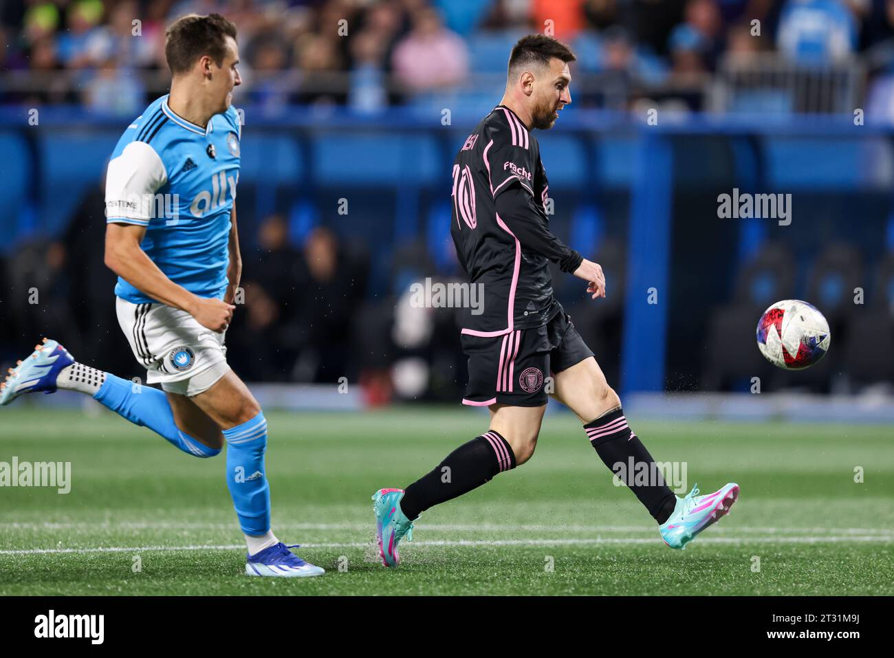 Charlotte, North Carolina, USA. 21st Oct, 2023. Inter Miami forward Lionel Messi (10) lobs the ball over the Charlotte FC keeper, but the goal was overruled during the MLS soccer match between Inter Miami CF and Charlotte FC at Bank of America Stadium in Charlotte, North Carolina. Greg Atkins/CSM/Alamy Live News Stock Photo