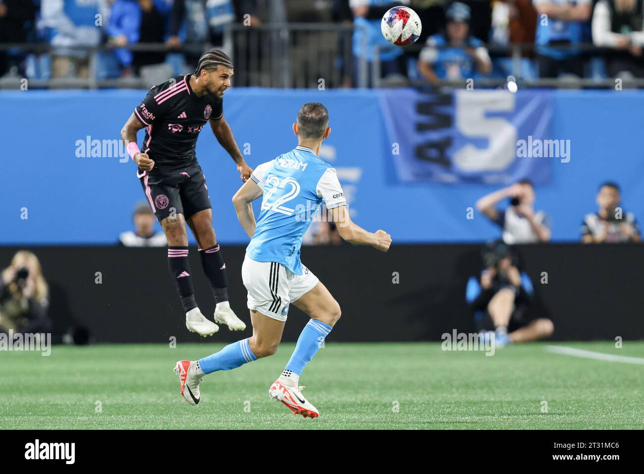 Charlotte, North Carolina, USA. 21st Oct, 2023. Inter Miami defender DeAndre Yedlin (2) heads the ball during the MLS soccer match between Inter Miami CF and Charlotte FC at Bank of America Stadium in Charlotte, North Carolina. Greg Atkins/CSM/Alamy Live News Stock Photo