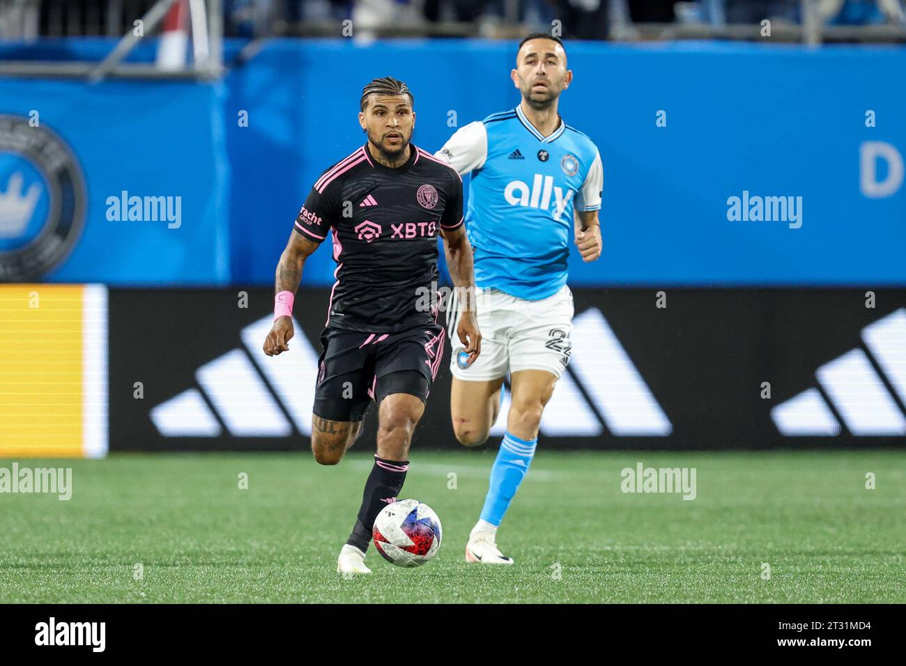Charlotte, North Carolina, USA. 21st Oct, 2023. Inter Miami defender DeAndre Yedlin (2) controls the ball during the MLS soccer match between Inter Miami CF and Charlotte FC at Bank of America Stadium in Charlotte, North Carolina. Greg Atkins/CSM/Alamy Live News Stock Photo
