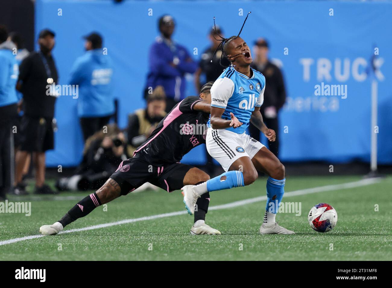 Charlotte, North Carolina, USA. 21st Oct, 2023. Charlotte FC forward Kerwin Vargas (18) is fouled by Inter Miami defender DeAndre Yedlin (2) during the MLS soccer match between Inter Miami CF and Charlotte FC at Bank of America Stadium in Charlotte, North Carolina. Greg Atkins/CSM/Alamy Live News Stock Photo