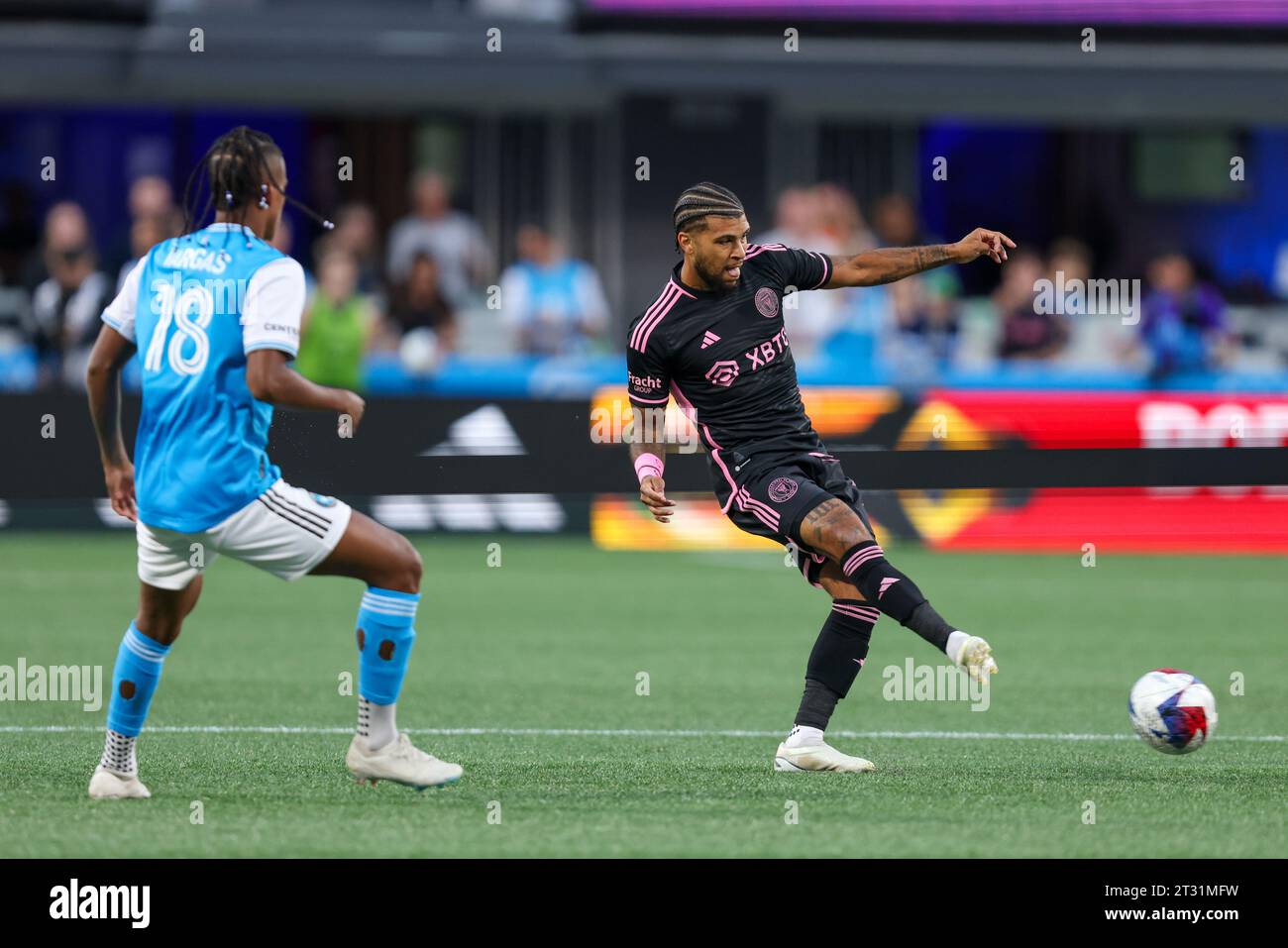 Charlotte, North Carolina, USA. 21st Oct, 2023. Inter Miami defender DeAndre Yedlin (2) passes the ball during the MLS soccer match between Inter Miami CF and Charlotte FC at Bank of America Stadium in Charlotte, North Carolina. Greg Atkins/CSM/Alamy Live News Stock Photo