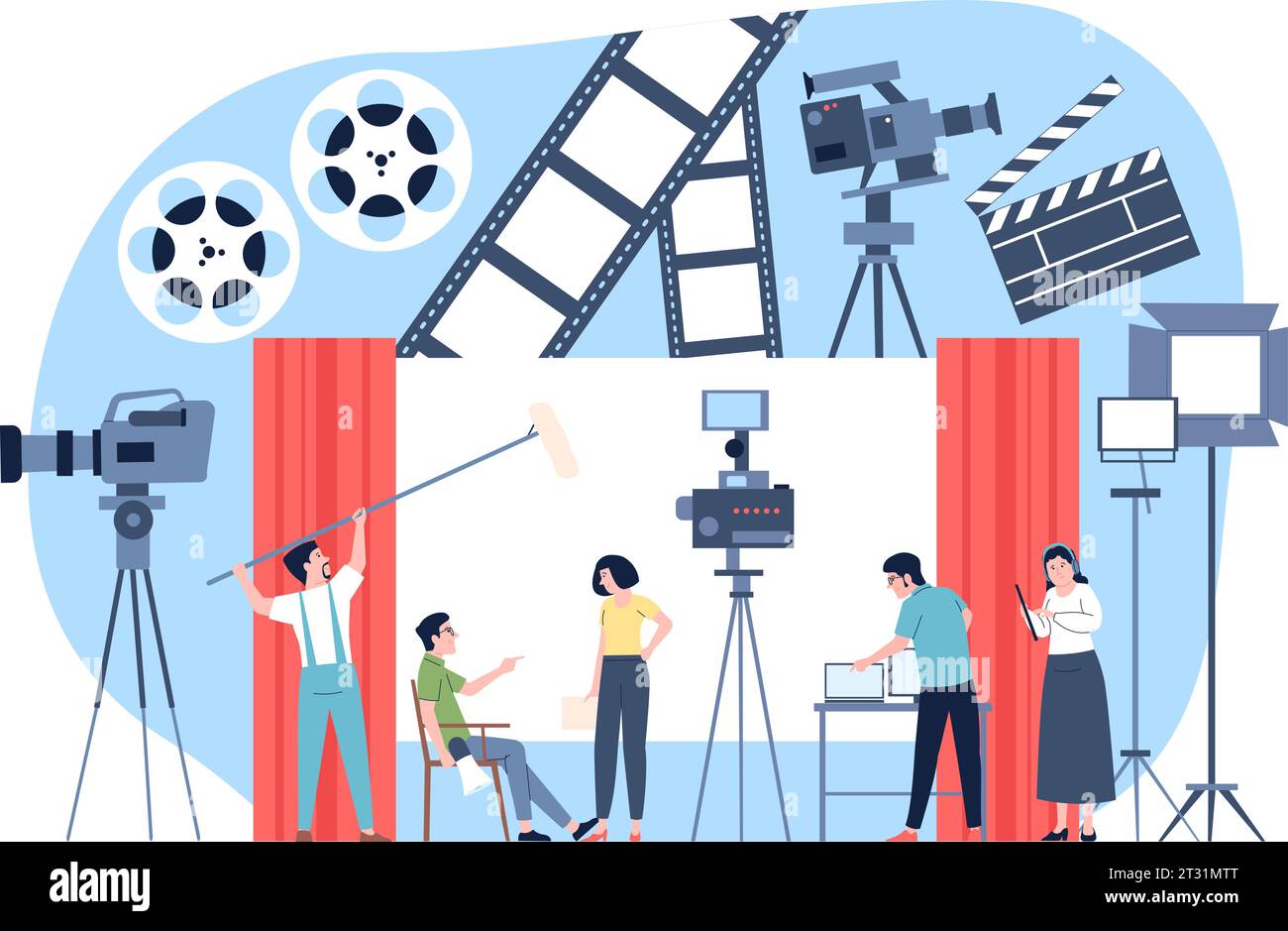Film shooting team. Movie production process, stream or professional bloggers working. Personal channel, online interview prepare recent vector scene Stock Vector