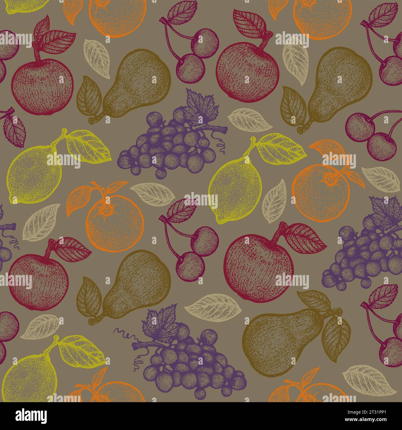 Vintage vector seamless fruit pattern in engraving style. Retro pattern with colorful fruits in retro style. Stock Vector