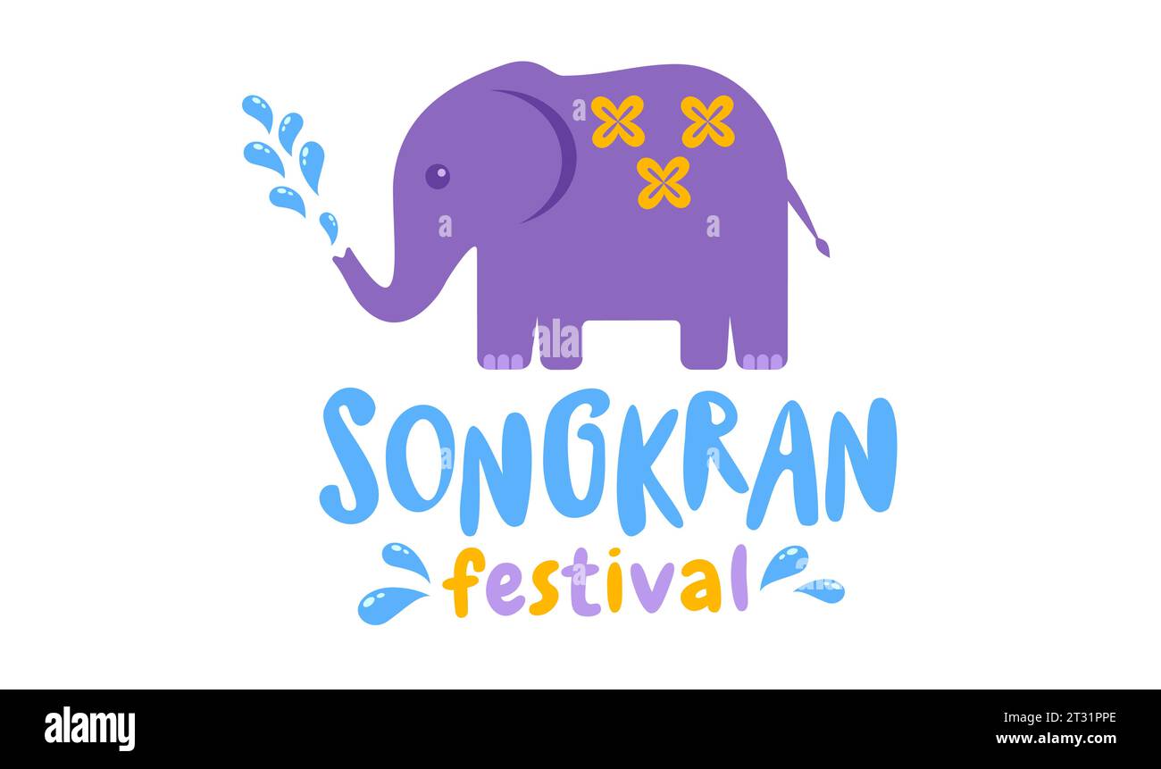 Vector logo for Songkran festival in Thailand with elephant on isolated background in kawaii style. Emblem for Songkran water festival. Stock Vector