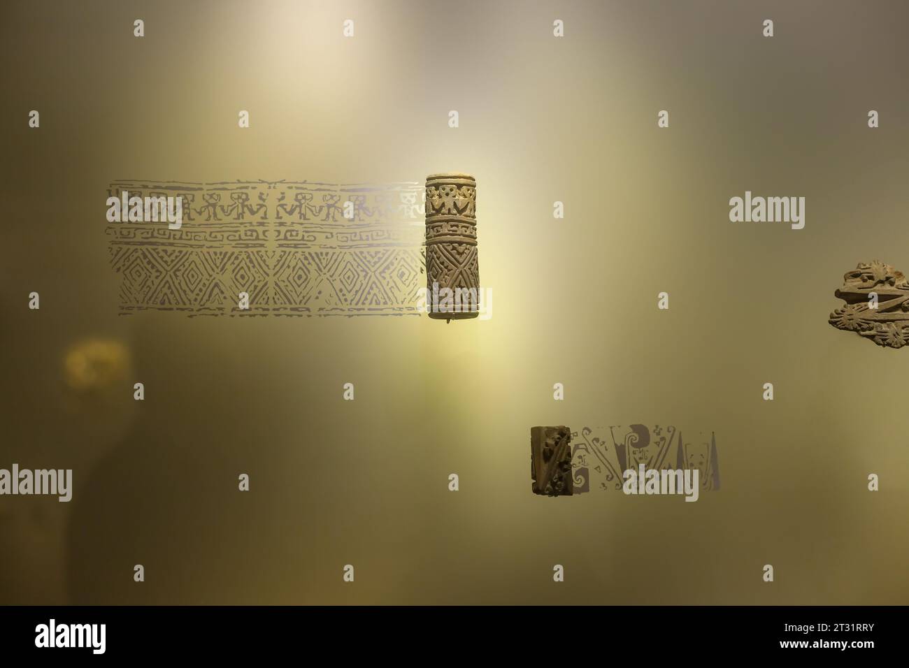 Bogota, Colombia - January 3, 2023: Printing roll of pre-Columbian patterns exposed in the Gold Museum Stock Photo