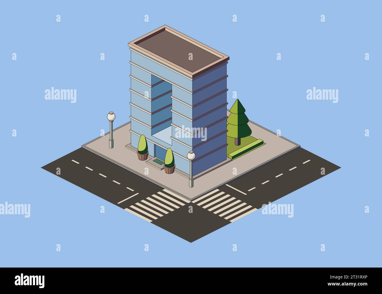 Isometric building with road and trees, vector illustration Stock ...