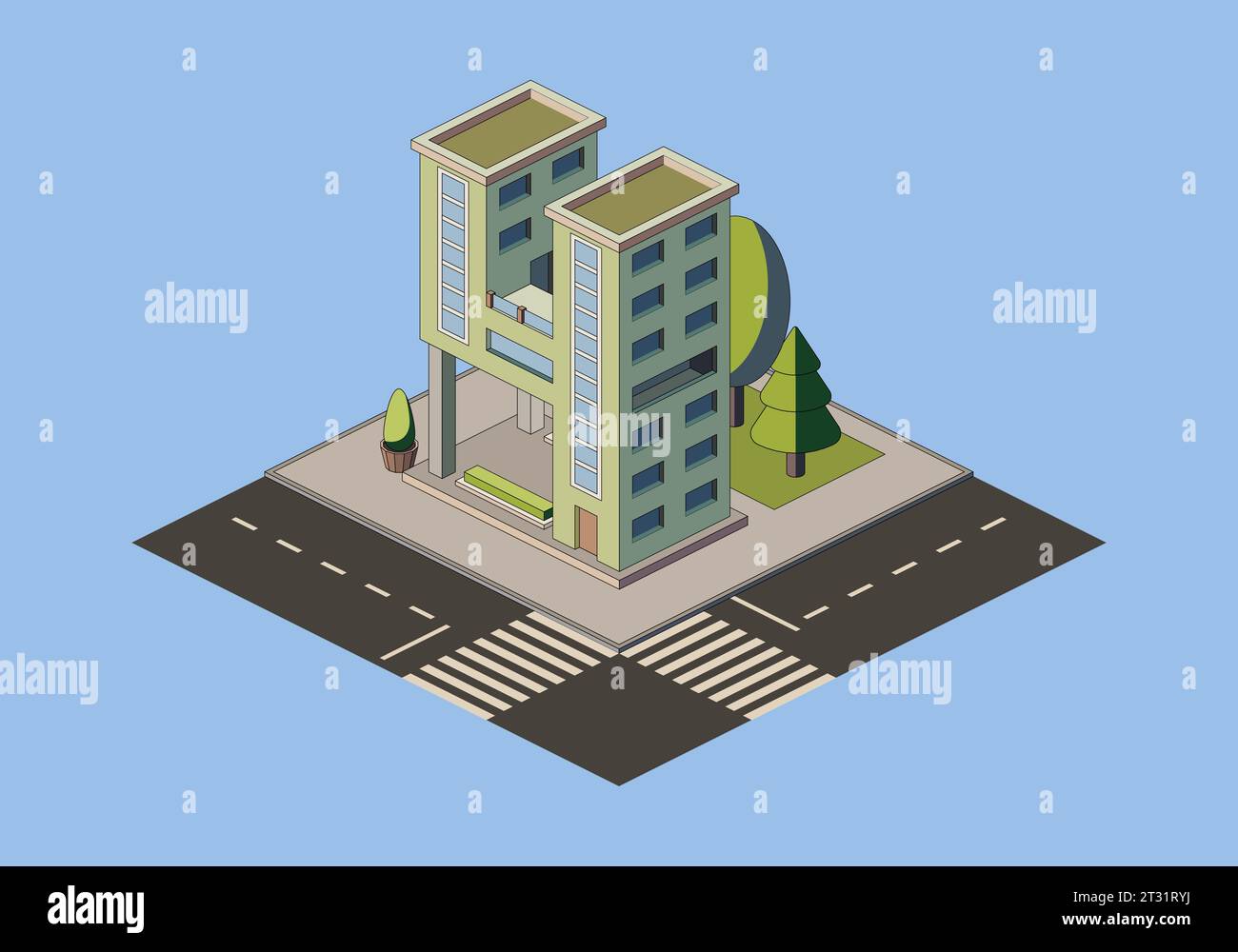 Isometric building with road and trees, vector illustration Stock ...