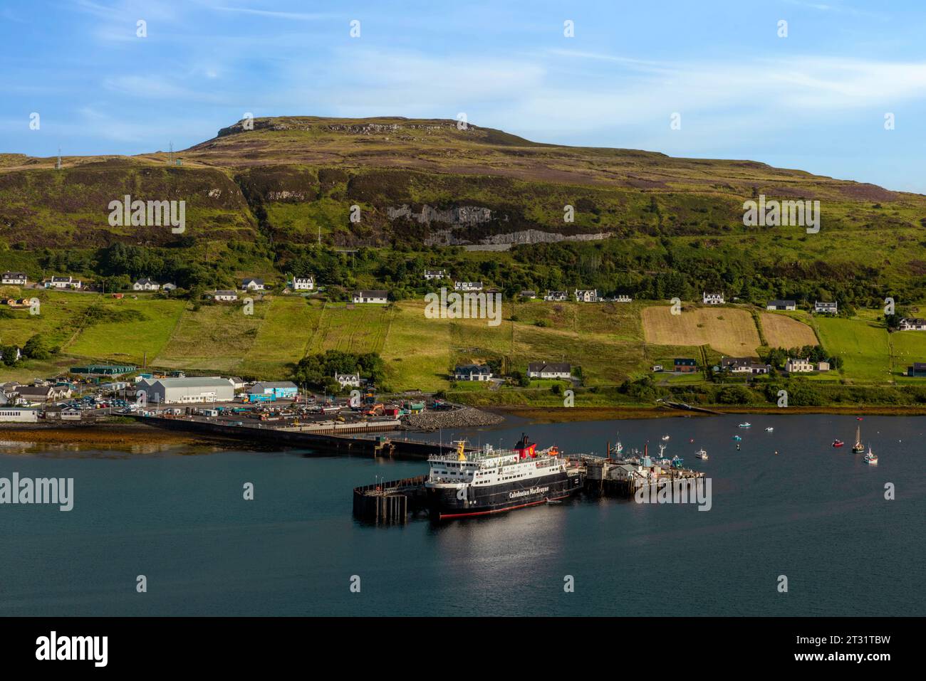 Uig Pier is the main ferry port on the Isle of Skye, with ferries to Tarbert on Harris and Lochmaddy on North Uist. Stock Photo