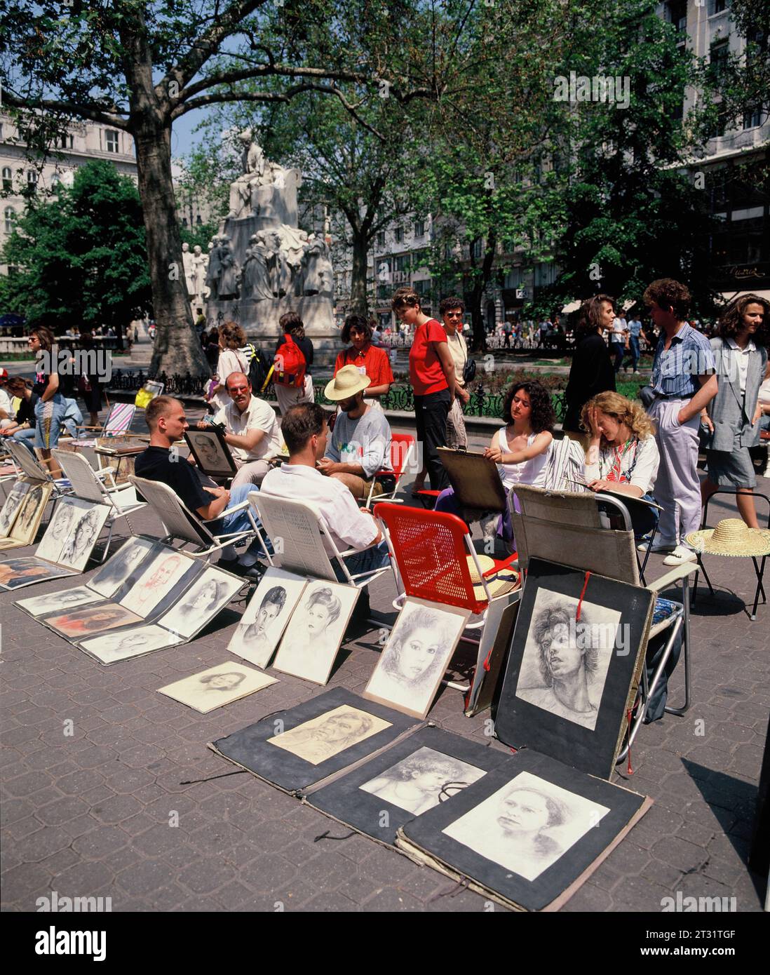 Hungary. Budapest city. Vörösmarty Square. Portrait artists & sketches on display. Stock Photo