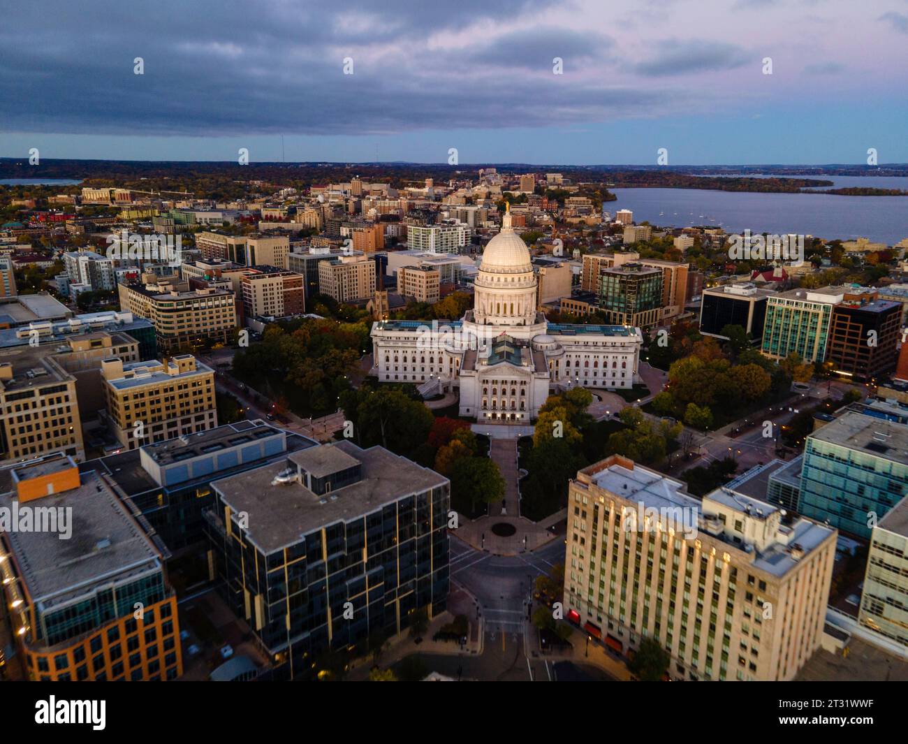 Aerial photograph of Madison, Wisconsin on a beautiful autumn sunrise