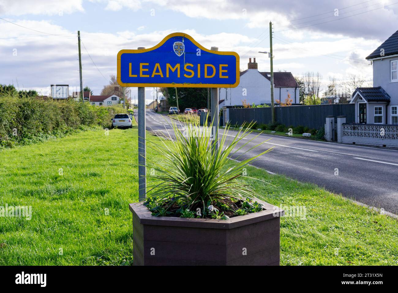 Road sign at the entrance to the village of Leamside, County Durham, UK Stock Photo