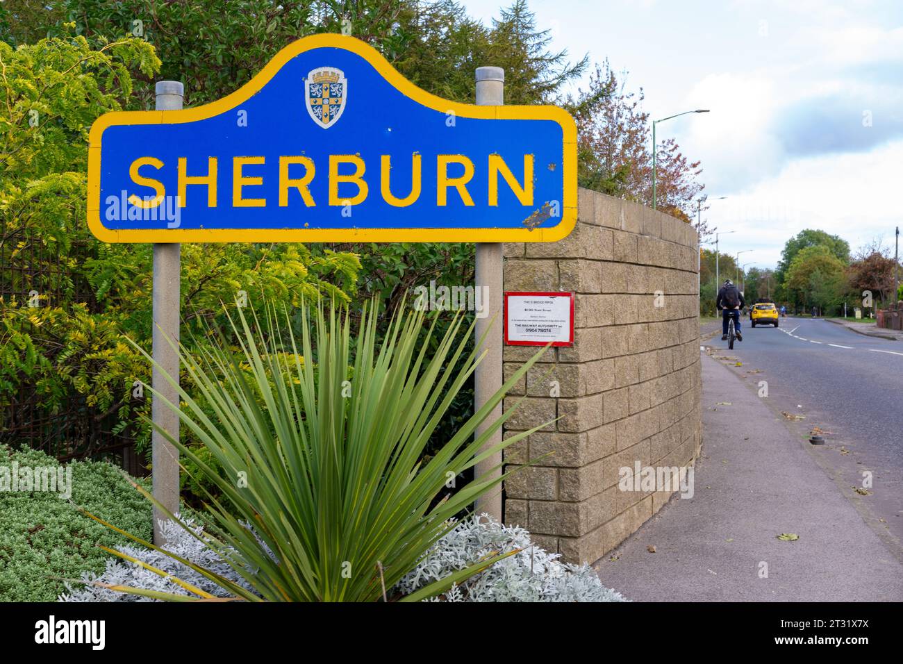 Road sign at the entrance to the village of Sherburn, County Durham, UK Stock Photo