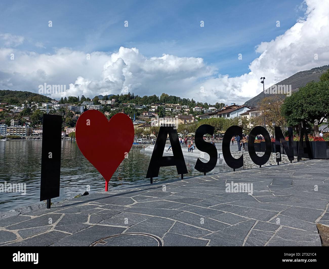 Ascona, Switzerland - october 22, 2023: Images of the town's lakeside walk - The sign says 'I love Ascona' Stock Photo