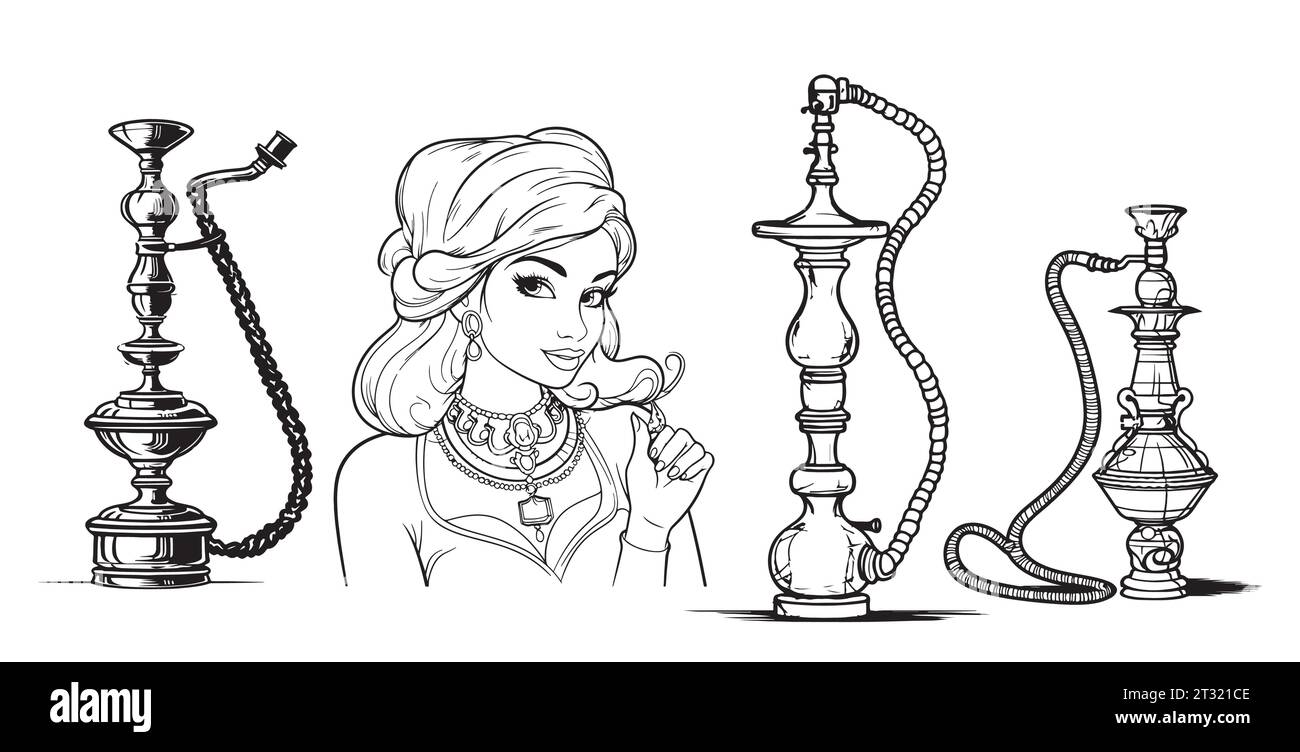 Smoking hookah set. Hand drawn vector illustration in vintage engraving style Oriental girl Stock Vector