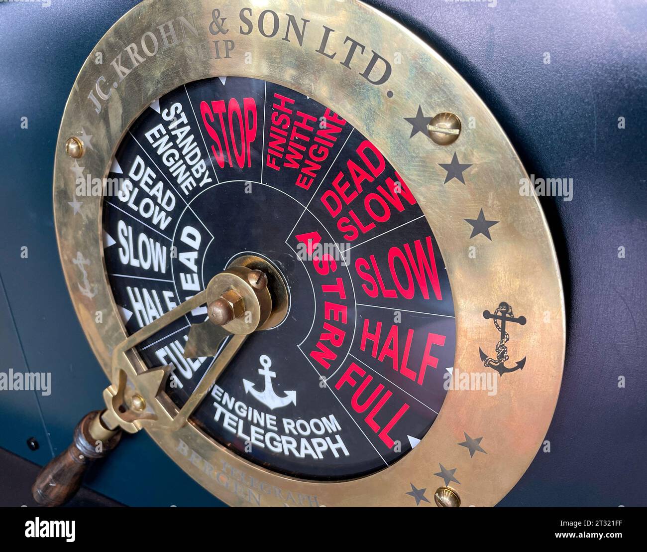 A replica of an antique engine order telegraph dial on display at Pier 57 in  Hudson River Park, 2023, New York City, USA Stock Photo
