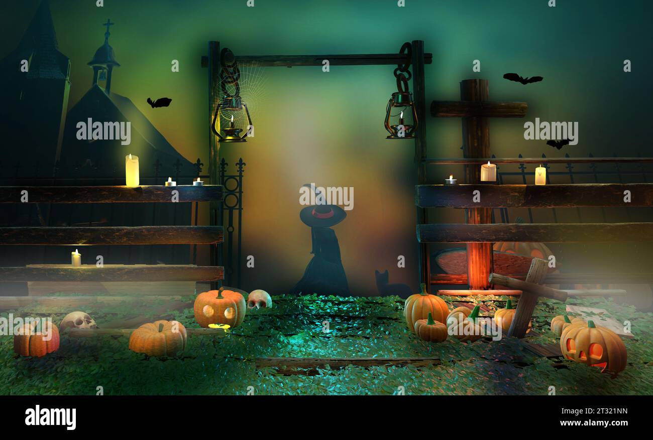 Halloween background with witch, pumpkins and cemetery in the night. 3D ...