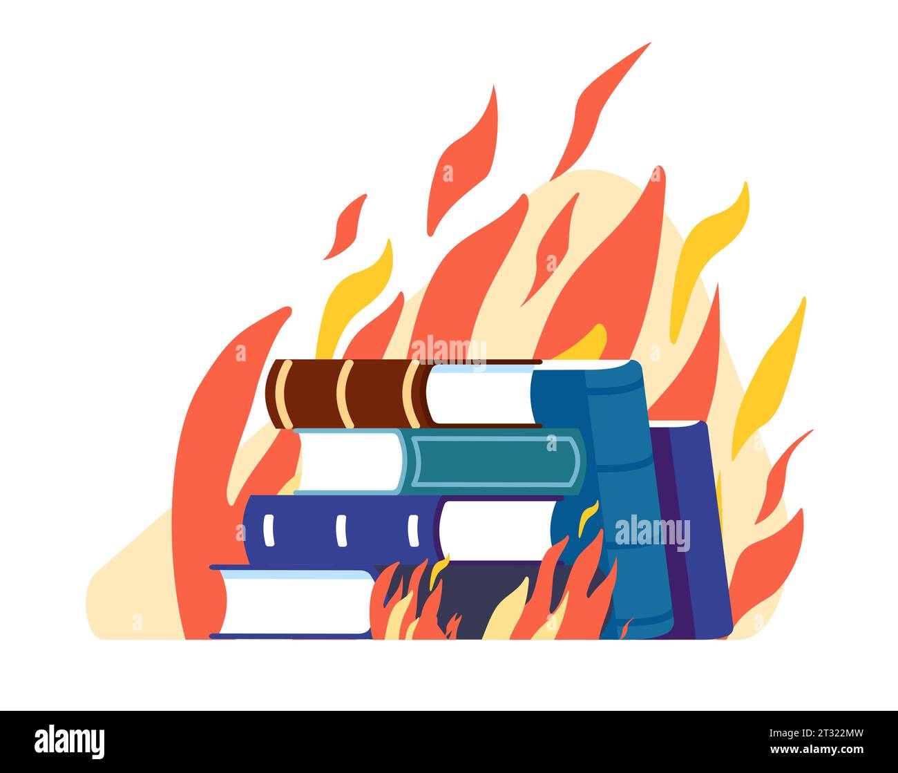 Censorship and dictatorship. Stack of books on fire. Textbooks burning in flame. Censored literature. Education destruction. Damaged knowledge Stock Vector