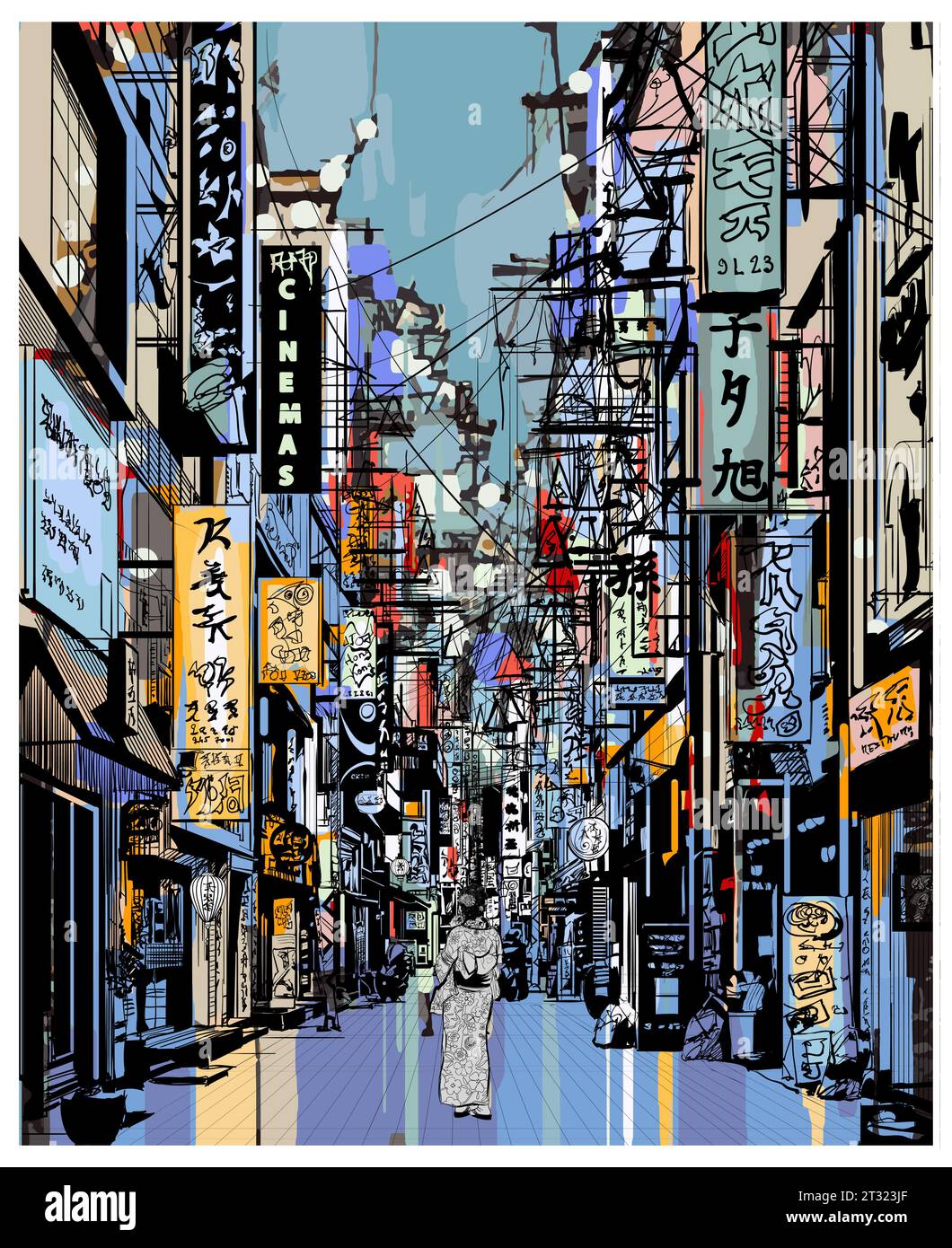 Colorful drawing of a street in Japan vector illustration (Ideal for