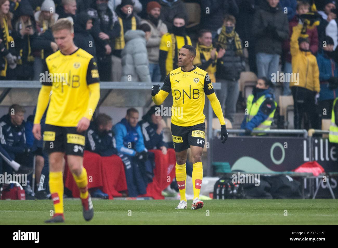 Lillestrom, Norway. 22nd Oct, 2023. Mathis Bolly (14) of Lillestrom scores for 2-0 during the Eliteserien match beween Lillestrom and Vaalerenga at in Aaraasen Stadion Lillestrom. (Photo Credit: Gonzales Photo/Alamy Live News Stock Photo