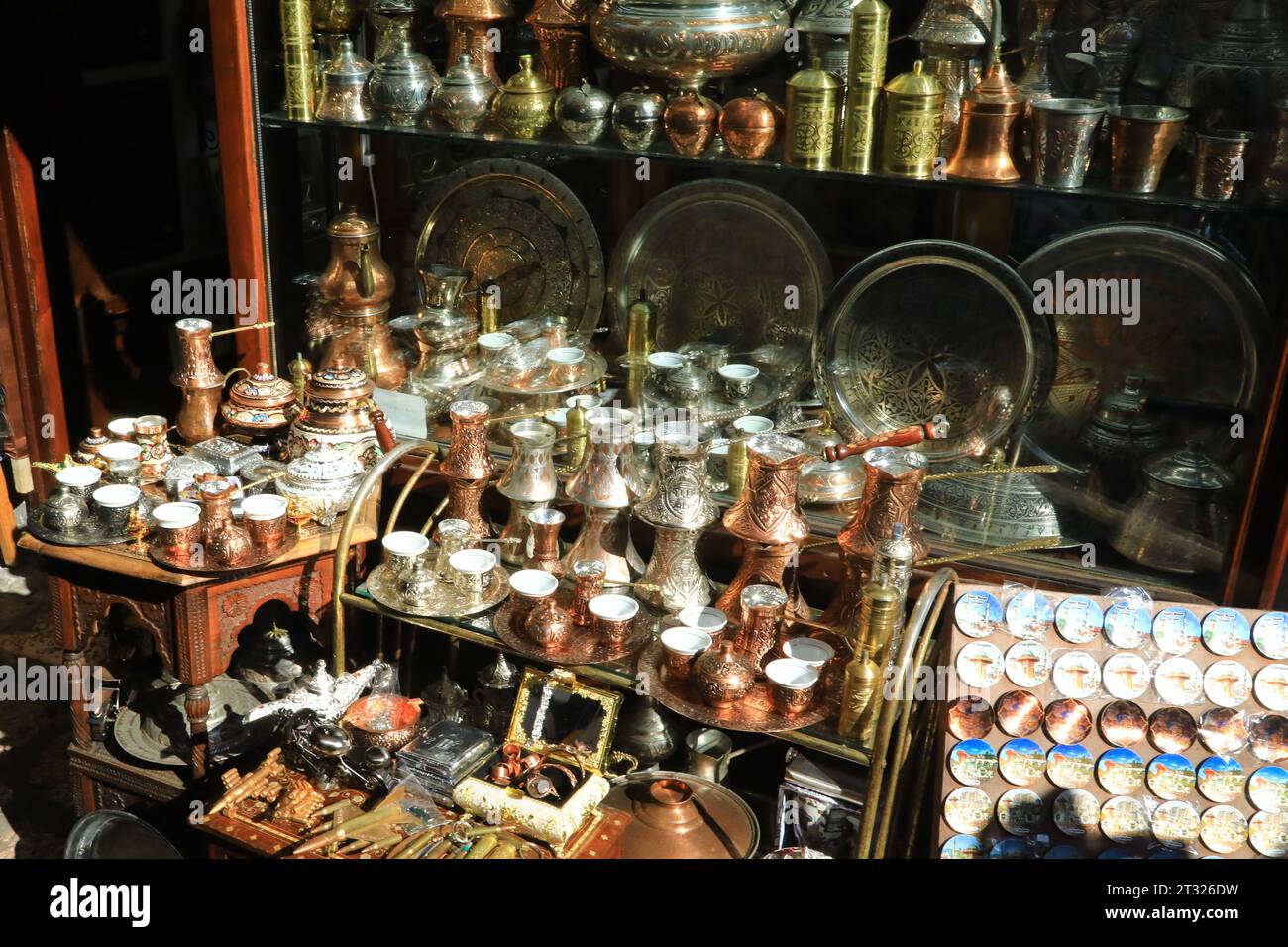 Street vendors display of craft Turkish coffee and tea dishes Stock