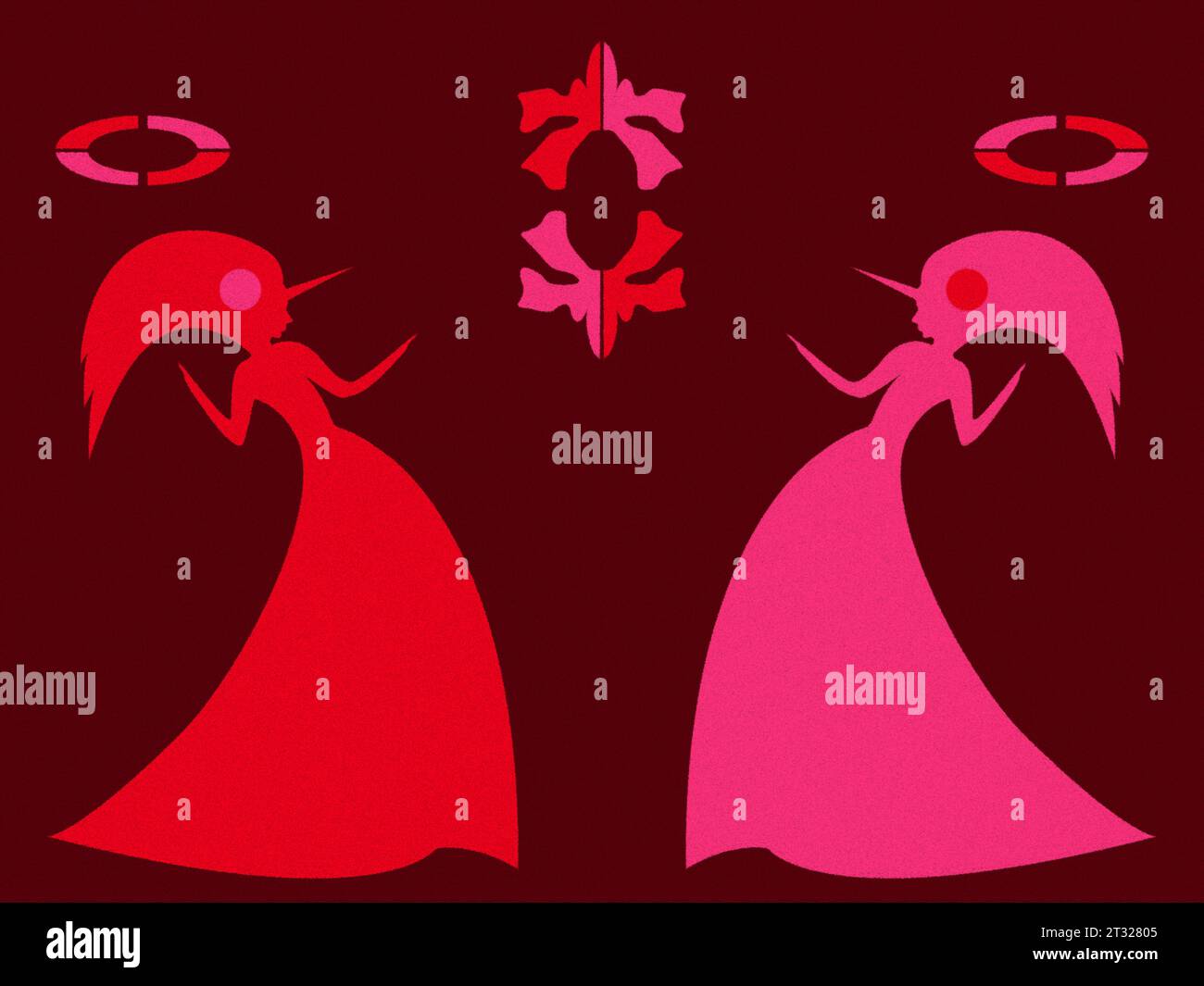 Pair Unicorn Women with symbol and accessories as a concept of unity and struggle opposites, stylized silhouettes, illustration mainly in red and pink Stock Photo