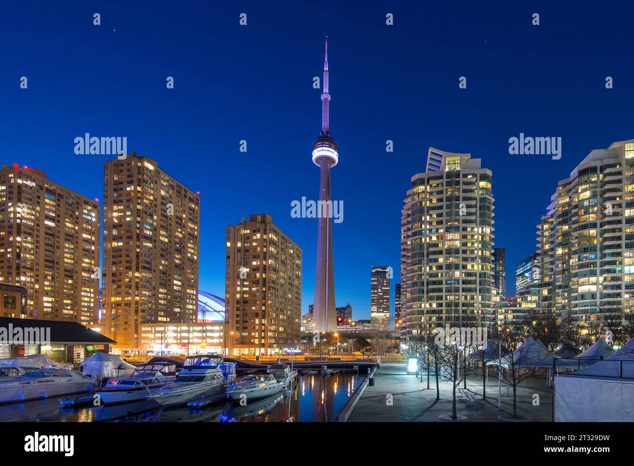 Toronto Harbourfront and CN Tower by night in downtown Toronto Stock Photo