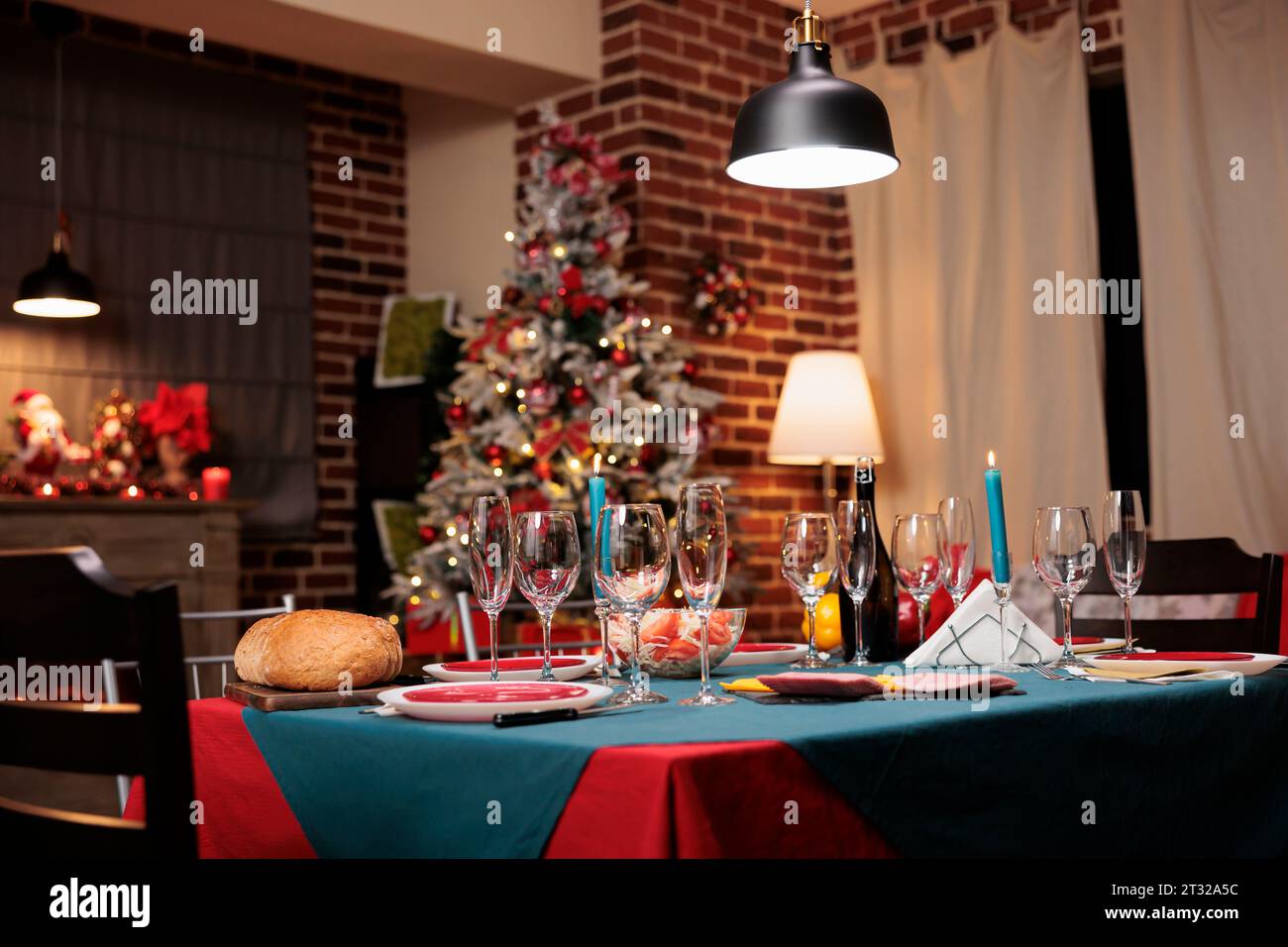 Christmas dinner set up for family feast on december winter holiday at
