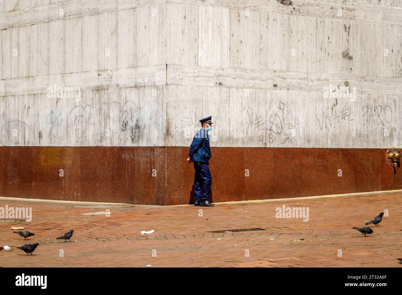 Bogota, Colombia January 2, 2023 Security guard guards a corner in