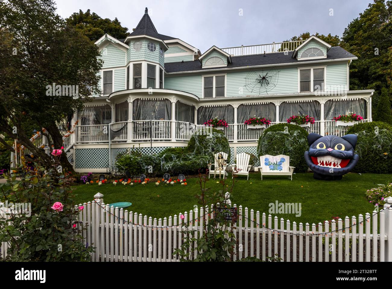 Halloween decorations in front yard of Mackinac housing development