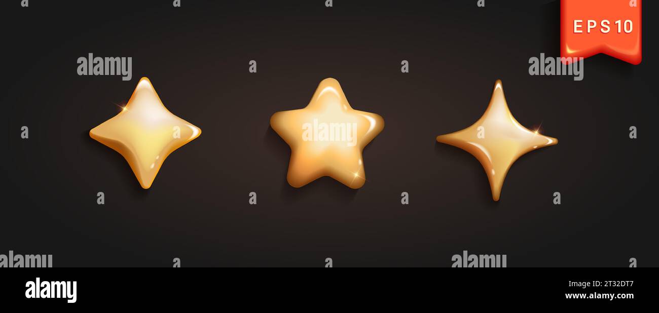 Set of shining 3D stars on dark background. Stock Vector