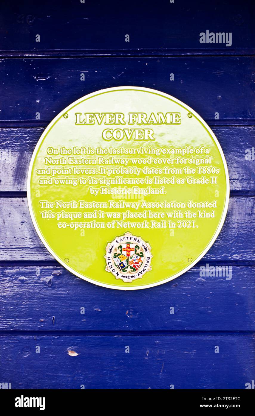 Lever frame cover plaque, Hammerton Railway Station, North Yorkshire, England Stock Photo