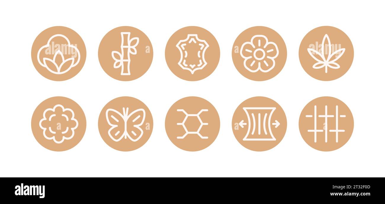 Synthetic and natural fibers. Set of fabric types icons Stock Vector