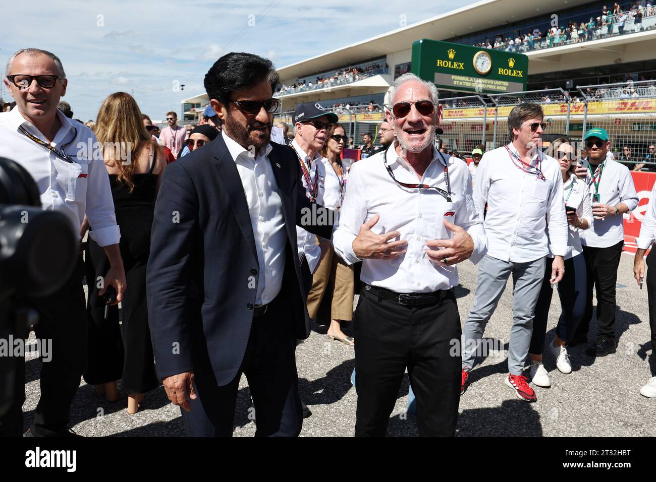 Austin, USA. 22nd Oct, 2023. lt Stefano Domenicali (ITA) Formula One President and CEO with Mohammed Bin Sulayem (UAE) FIA President and Greg Maffei (USA) Liberty Media Corporation President and Chief Executive Officer on the grid. Formula 1 World Championship, Rd 19, United States Grand Prix, Sunday 22nd October 2023. Circuit of the Americas, Austin, Texas, USA. Credit: James Moy/Alamy Live News Stock Photo