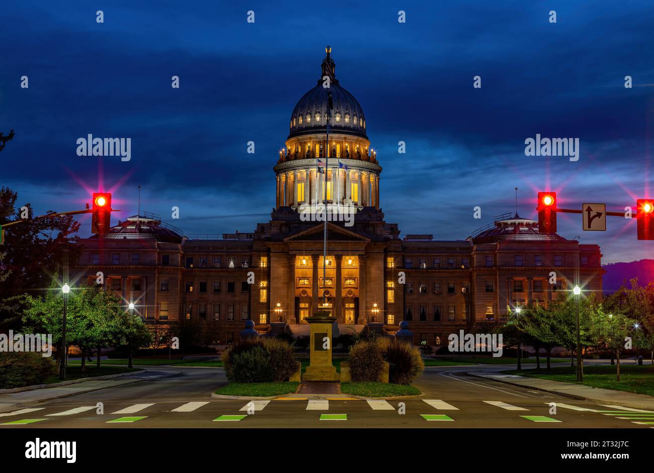 Downtown Boise at high with an illuminate capital Stock Photo