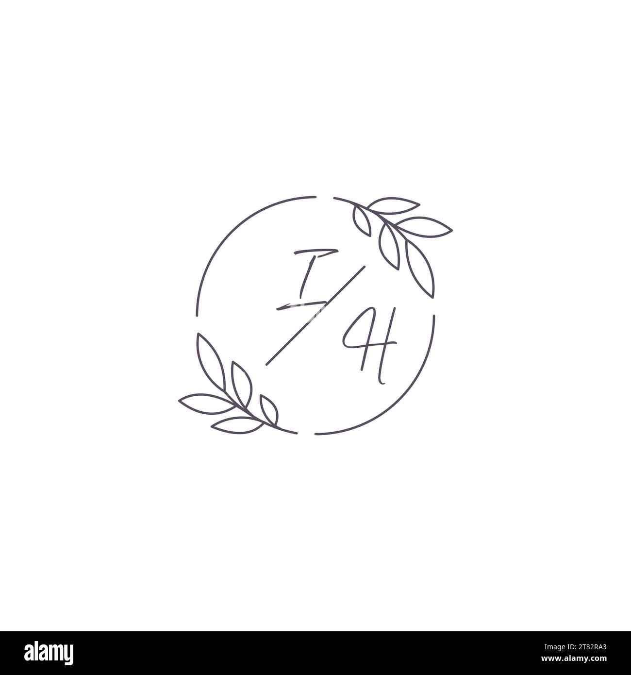 Initials IH monogram wedding logo with simple leaf outline and circle ...