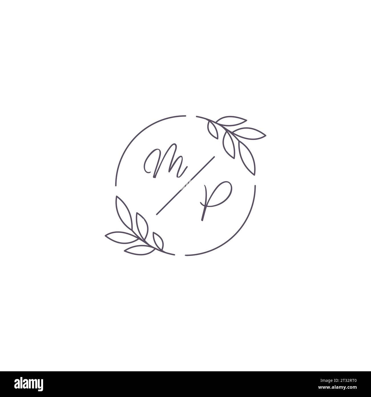 Initials MP monogram wedding logo with simple leaf outline and circle style vector graphic Stock Vector