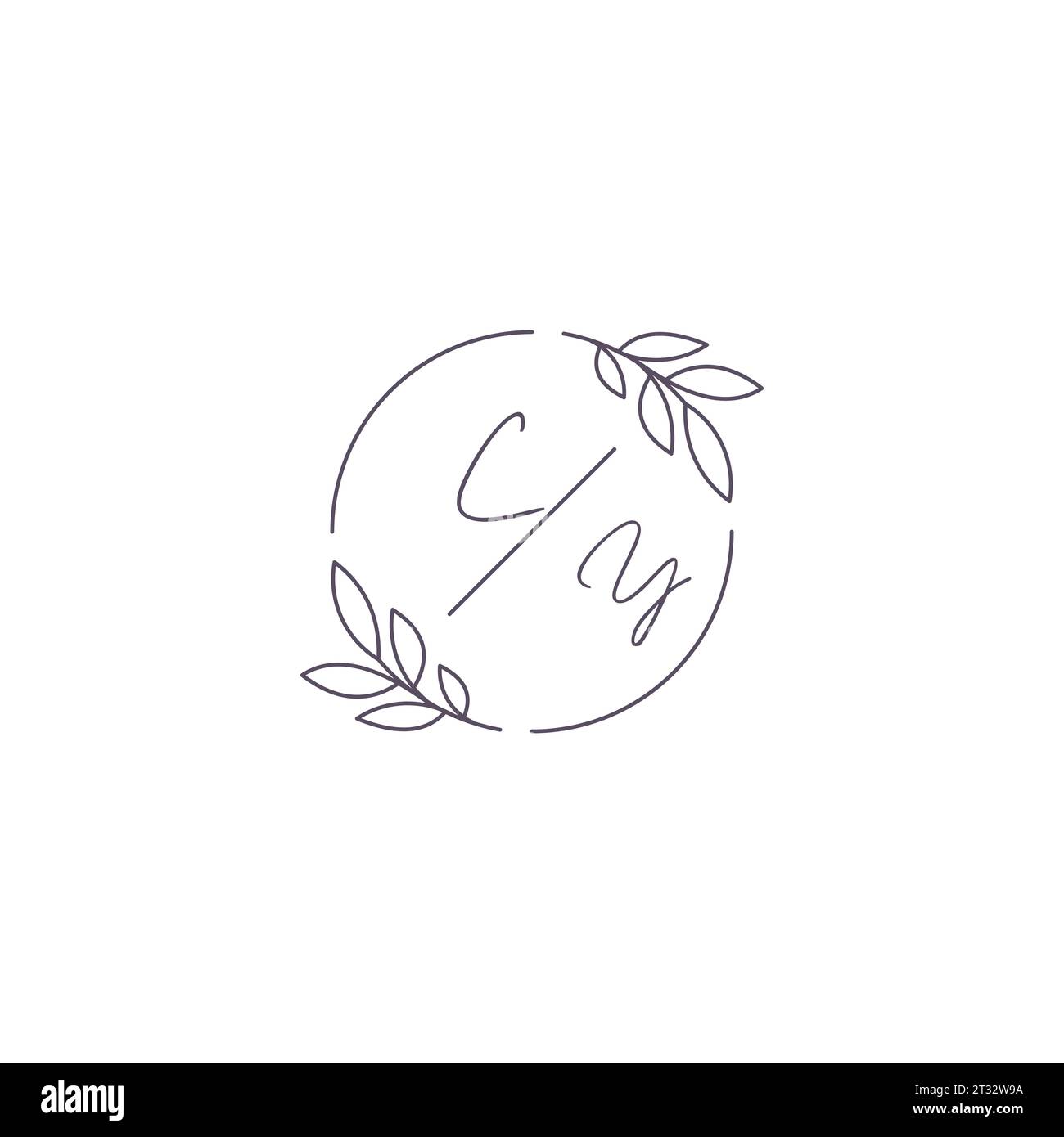 Initials CY monogram wedding logo with simple leaf outline and circle style vector graphic Stock Vector