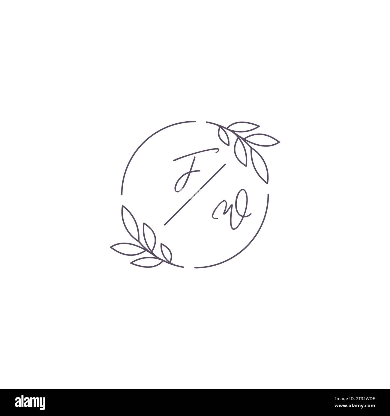 Initials FW monogram wedding logo with simple leaf outline and circle ...