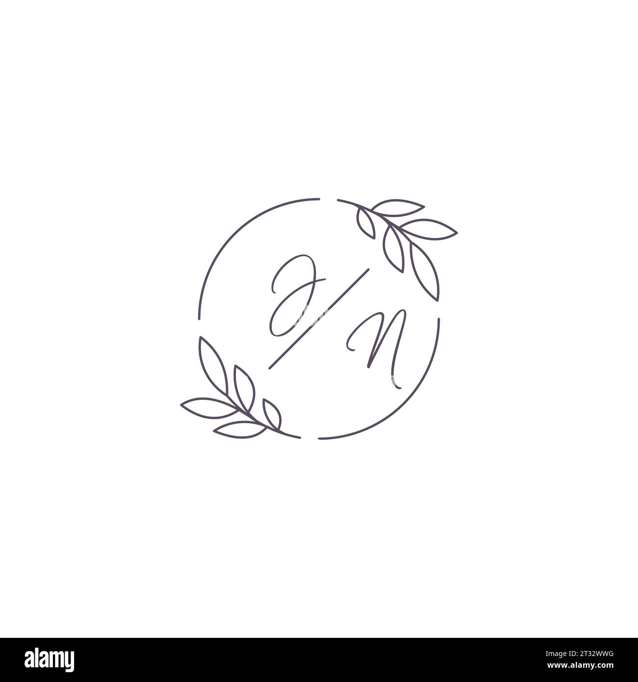 Initials JN monogram wedding logo with simple leaf outline and circle ...